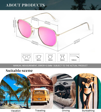 Sunglasses for Women and Men, Polarized Square UV Protection, Trendy Metal Frame Hexagon Sunglasses