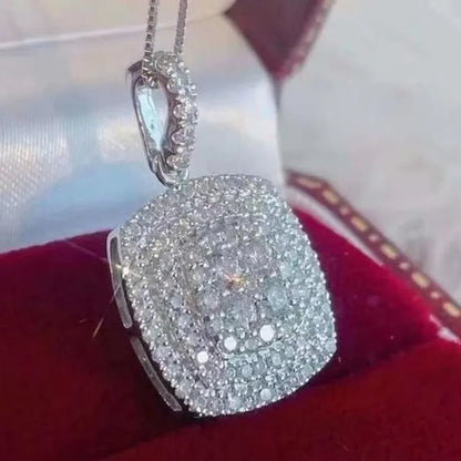 Delicate Pave Setting Diamond Square Pendant Necklace for Women Bridal Wedding Fashion Accessories