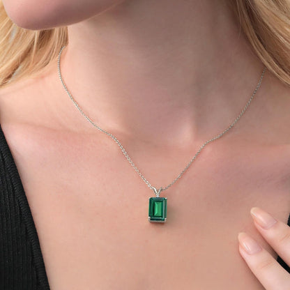 14X10MM Emerald Cut Gemstone Birthstone and White Diamond Necklace | 925 Sterling Silver | Pendant Necklace for Women | with 18 Inch Silver Chain