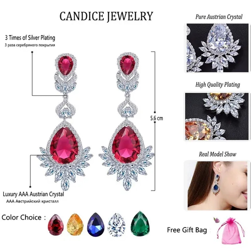 CANDICE Gorgeous Natural Red Green Zirconia Setting Silver Plated Big Teardrop Dangle Earrings for Women Party Dress Accessories
