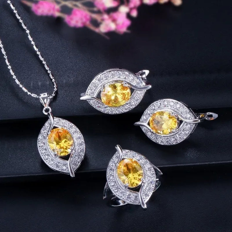 Gloriya Designer Silver Plated Jewelry Sets Inlaid Oval Red CZ Teardrop Pendant Necklace Earrings and Ring Set for Lady Fashion