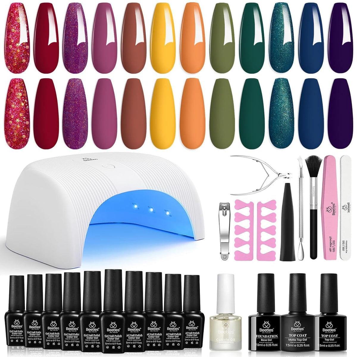 Beetles Gel Nail Polish Kit with 48W light 18 Pcs Gel Starter Kit,6 colors Nude Pink French White Glitter Gel Polish Soak Off Base Top Coat Gel Art Manicure Kit