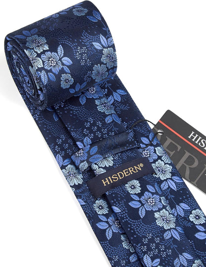 Extra Long Ties for Men Classic Floral Tie and Pocket Square Elegant Silk Necktie Handkerchief Set Wedding Party