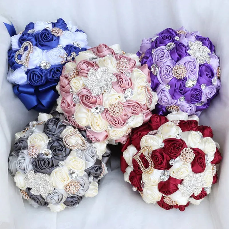 20CM Simulation Silk Rose Wedding Bouquet Diamond Pearl Brooch Bridal Bouquets Romantic Bridesmaid Holding Flowers
