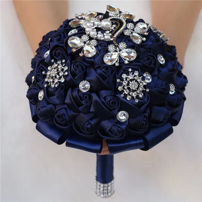 18CM Butterfly Love Diamond Brooch Bridal Bouquet Ribbon Silk Rose Wedding Simulation Flower Bouquet Handmade Bridesmaid Holding Flowers