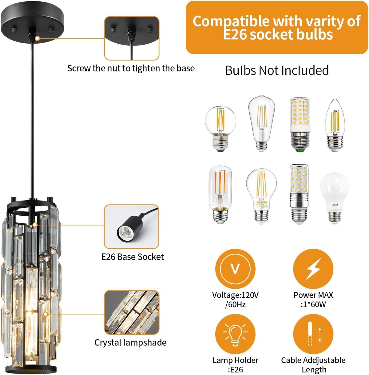 Black Pendant Lights Kitchen Island Modern Pendant Light, Crystal Pendant Light Fixture Mini Pendant Light, Pendant Lighting for Kitchen Island Bedroom (Black 1-Pack)