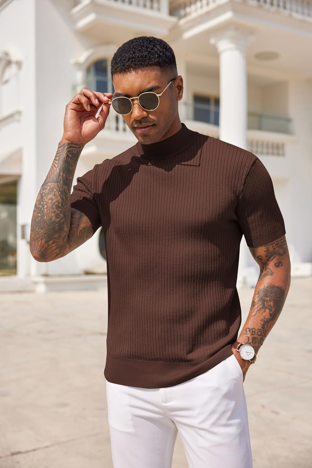 Men's Mock Turtleneck Sweater Short Sleeve Casual Basic Pullover Sweater Ribbed Knit Pullover Solid Tee