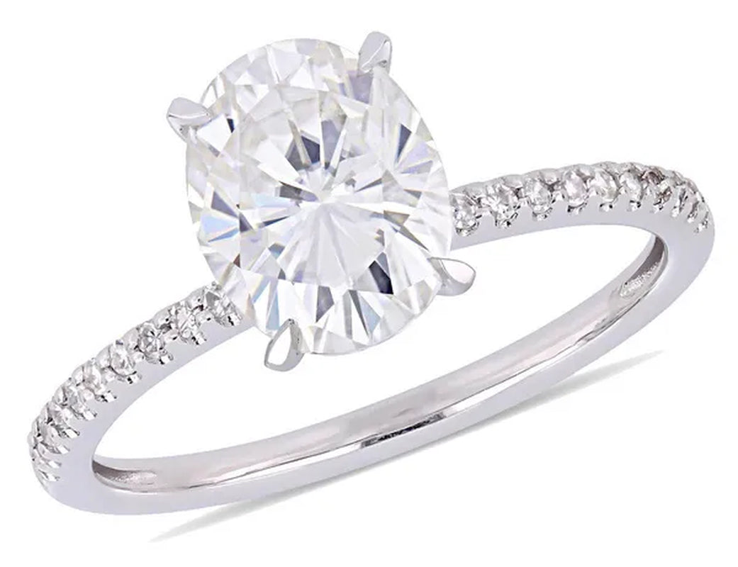 2.00 Carat (ctw) Solitaire Oval Synthetic Moissanite Engagement Ring in 14K White Gold with Diamonds 1/10 Carat (ctw I1