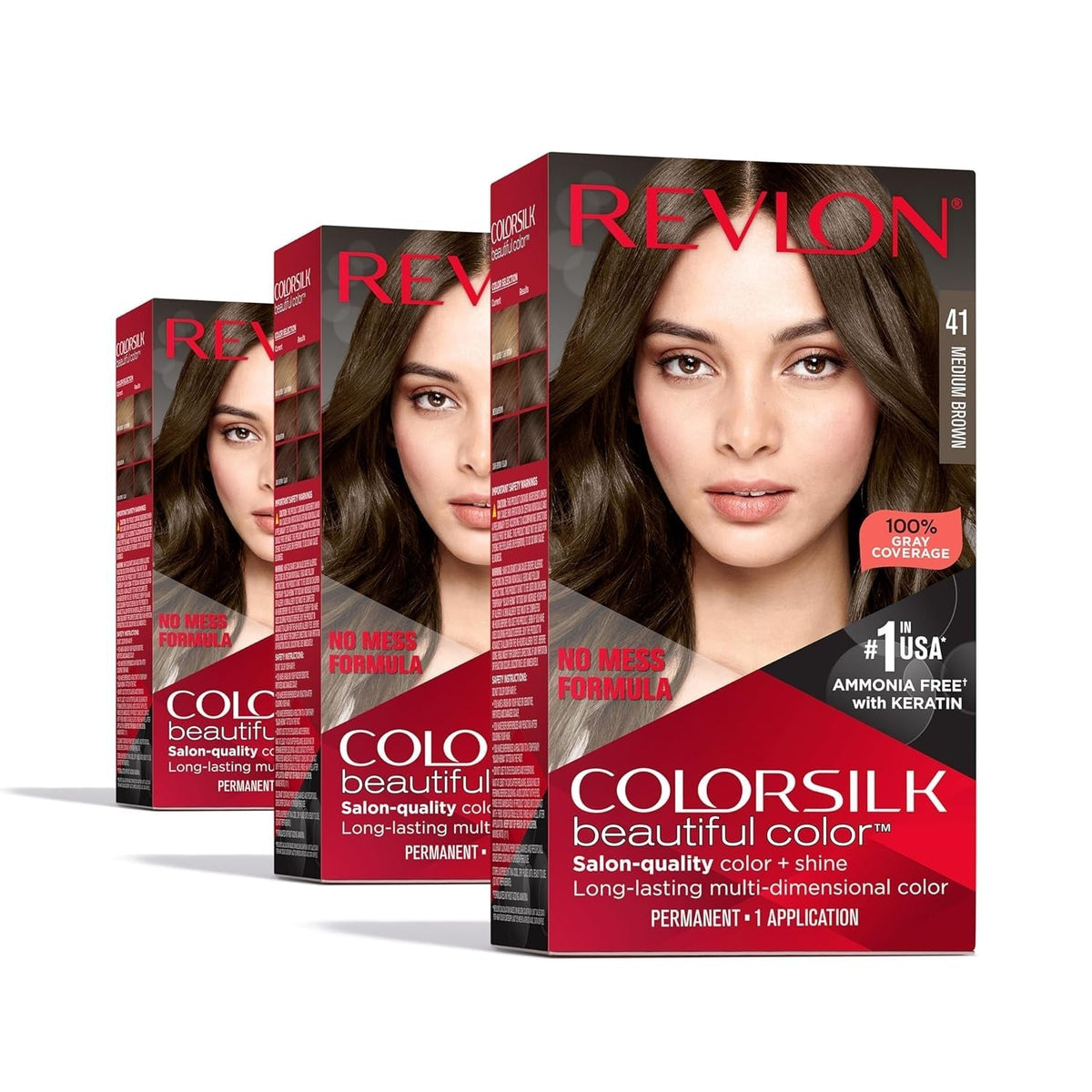 Colorsilk Permanent Hair Color, 100% Gray Coverage Dye Kit, Ammonia-Free, Keratin and Amino Acids, Brown Shades, 41 Medium Brown (Pack of 3)