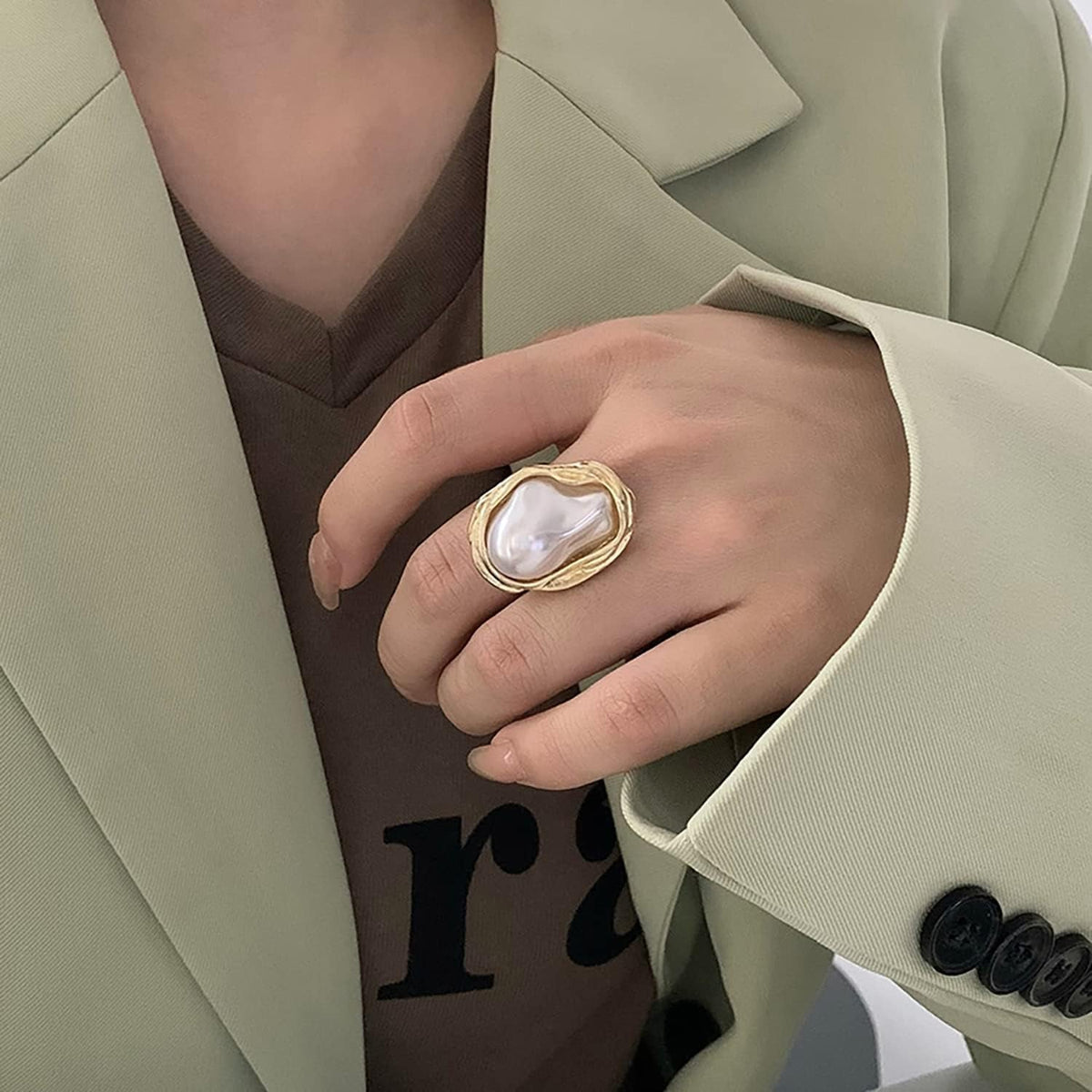 Baroque 18K Gold Pearl Statement Ring - Adjustable Chunky Pearl Wedding Jewelry for Women