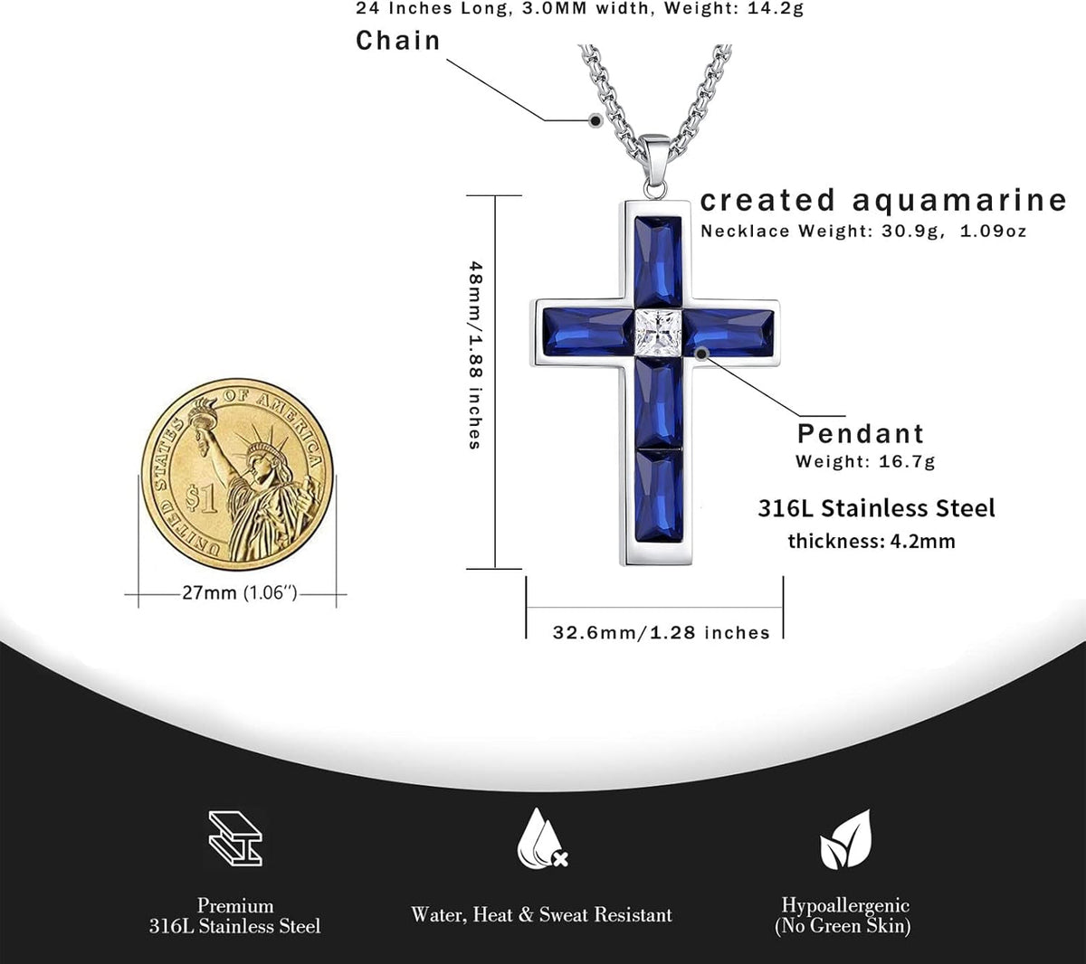 Birthstone Cross Necklace for Men, 316L Stainless Steel with Cubic Zirconia Cross Pendant Necklace for Women, 24Inch Chain Handmade Jewelry