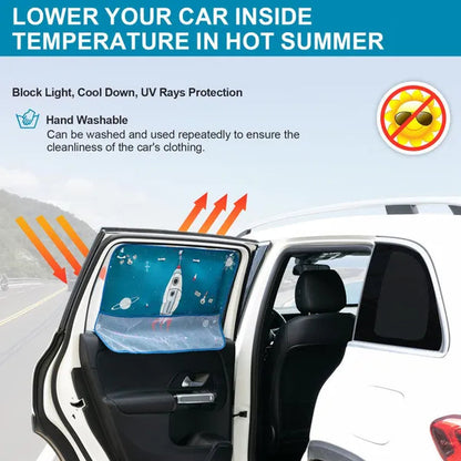 Car Sun Shade Cover Cartoon Side Window Curtain Sunshade Visor Heat Shield UV Protector For Kid Baby Children W/ Storage Net