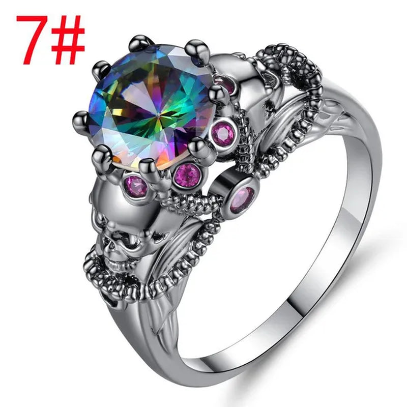 Gothic Style Sterling Silver Skull Ring Black Sapphire/Rainbow Crystal Diamond Punk Jewelry Proposal Birthday Gift Bridal Engagement Band Rings for Men Women Bride Size 6-9