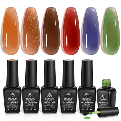 Beetles Gel Nail Polish Set, 6 Colors Jelly Gel Polish Nude Pink Gel Neutral Nail Art Design Translucent Gel Nail Kits Soak Off Uv Nail Lamp Cured Nail Manicure DIY Home for Women