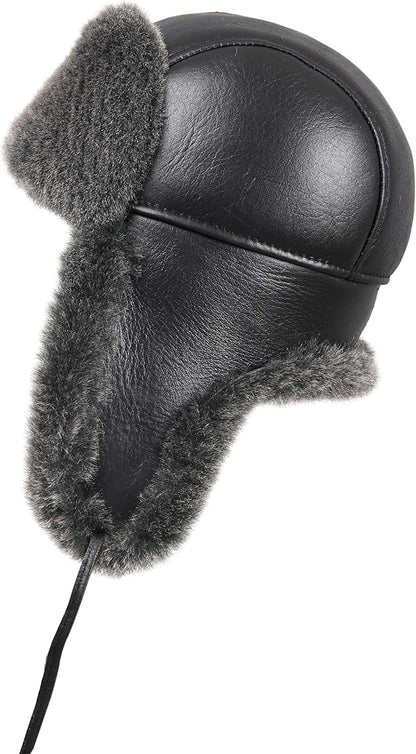 Leather Aviator Shearling Ushanka Trapper Hat Russian Sheepskin Cap Real Fur Winter Hat with Ear Flaps for Men Women
