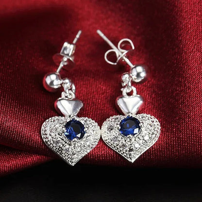 Woman Party Wedding Jewelry Sets 925 Sterling Silver Blue Crystal Heart Pendant Necklace Earrings Classic Fashion Gift