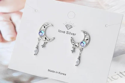 925 Sterling Silver Hollow Moon Zircon Tassel Dangle Earring Elegant Colorful Moonstone Earring For Women Jewelry