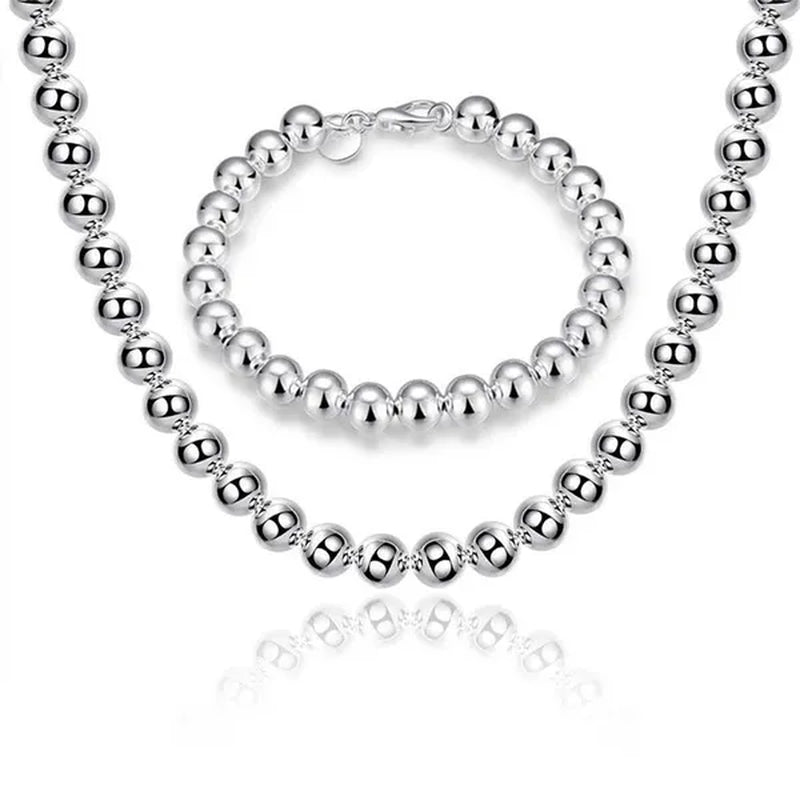 Fashion 925 Sterling Silver 8mm Hollow Smooth Round Beads Necklace Bracelets Set for Women Wedding Engagement Party Jewelry