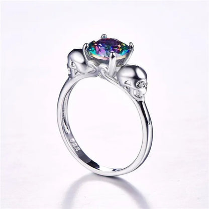 Women Men Rainbow Topaz & Black Spinel Gemstone 925 Sterling Silver Wedding Engagement Band Cocktail Skull Ring Size 6 7 8 9