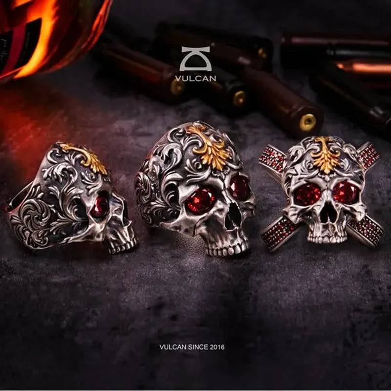 Vintage 316L Stainless Steel Carved Exquisite Pattern Skull Ring Men's Ruby Ring Antique Art Totem Ring Gothic Punk Jewelry Gift