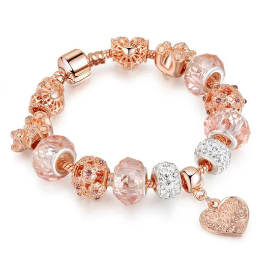 Rose Gold Heart-Shaped Charm Bracelets Fashion Jewelry Beaded Bracelet Birthday Christmas Gifts For Girl Women