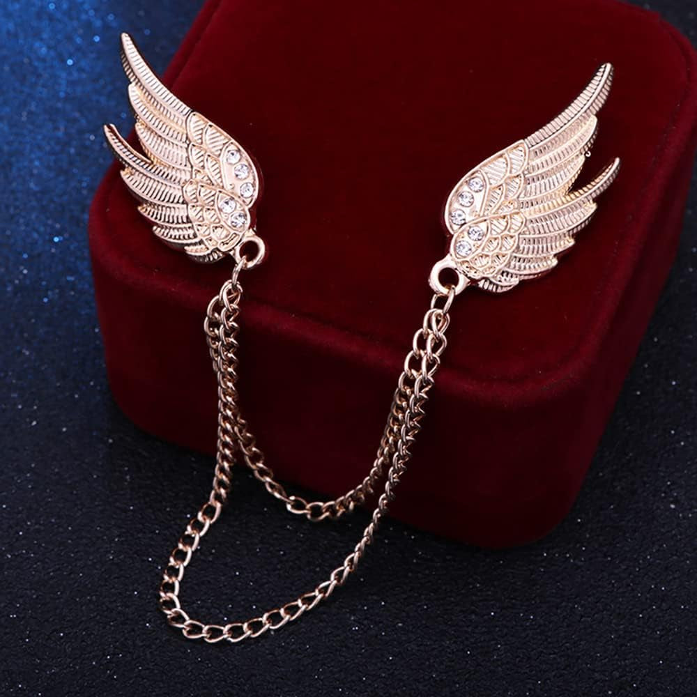 Angel Wings Tassel Chain Brooch Collar Pins. Rhinestone Metal Feather Lapel Pin, Suit Coat Breastpin for Women Men'S Accessories