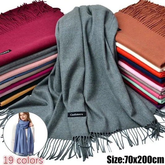 Women Cashmere Wool Scarf Wraps Warm Blanket Scarves Women Solid Color Cashmere Scarves with Tassel