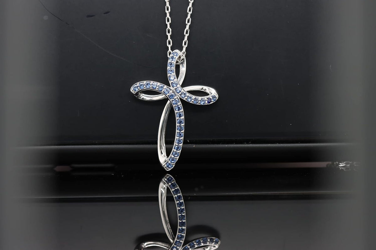 1.2MM round Cut Blue Sapphire Infinity Cross Necklace Pendant - 14K White Gold over 925 Sterling Silver Twist Cross Necklace for Women with 18" Chain (Clarity-Vvs1, Color-Blue, 0.12 Carat)