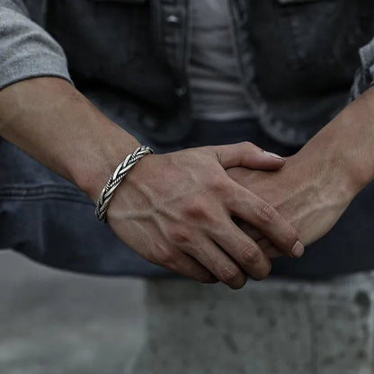 925 Sterling Silver Vintage Weave Style Opening Men Bracelet Fashion Silver Distressed Geometric Bracelets Jewelry Gift