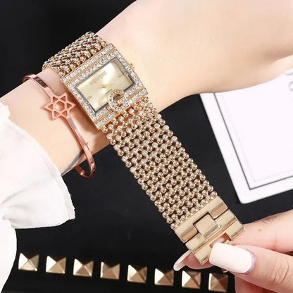 Lucky Bracelets Luxury Ladies Wrist Watch Fashion Full Diamond Gold Stainless Steel Rectangular Female Quartz Watch
