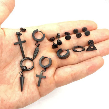 12 Pairs Set Stainless Steel Cross Stud Hoop Earrings Black Piercing Jewelry Men