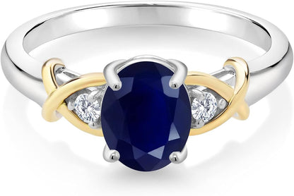 10K Yellow Gold and 925 Sterling Silver Blue Sapphire and White Lab Grown Diamond Engagement Ring for Women | 1.88 Cttw | Oval 8X6MM | Ring Size 5-9