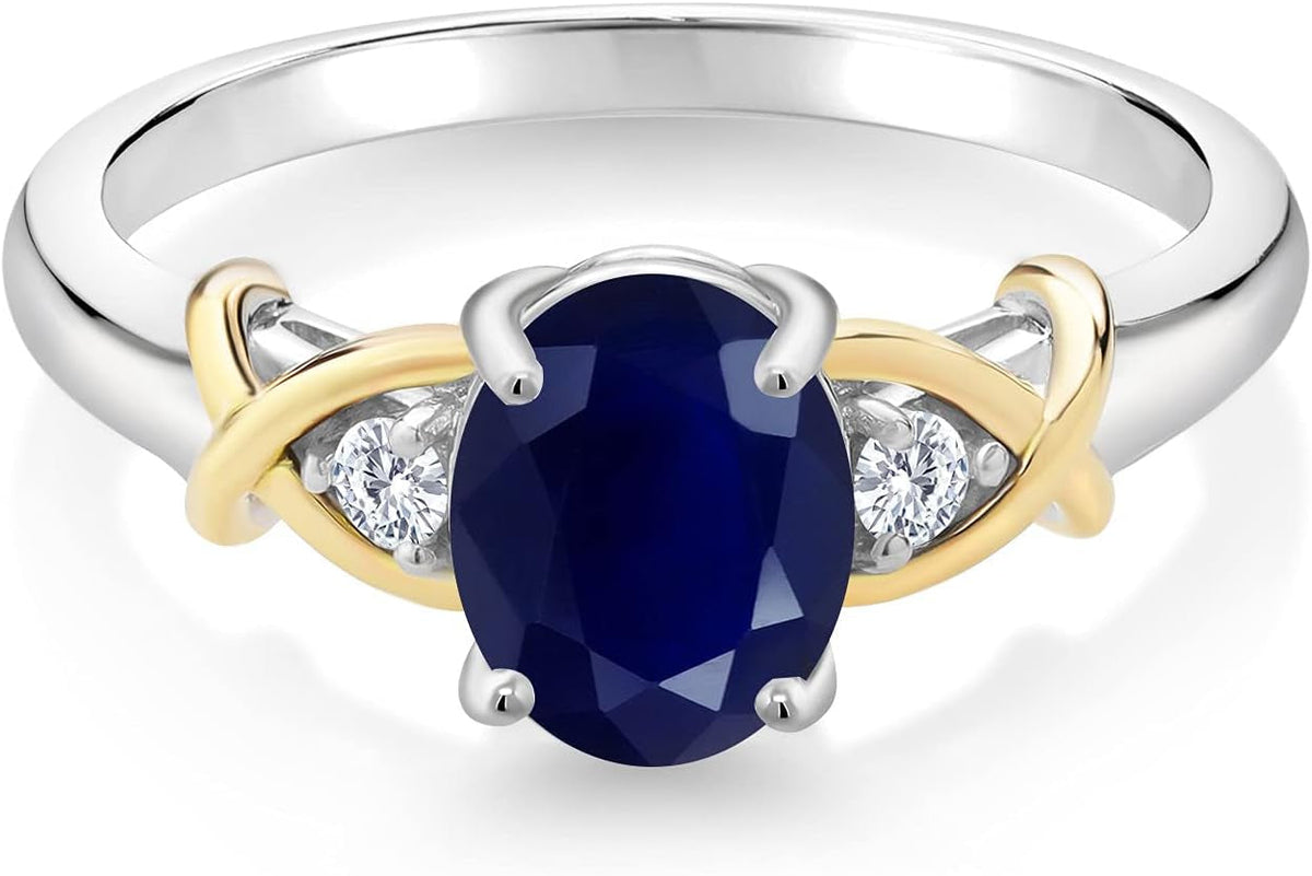 10K Yellow Gold and 925 Sterling Silver Blue Sapphire and White Lab Grown Diamond Engagement Ring for Women | 1.88 Cttw | Oval 8X6MM | Ring Size 5-9