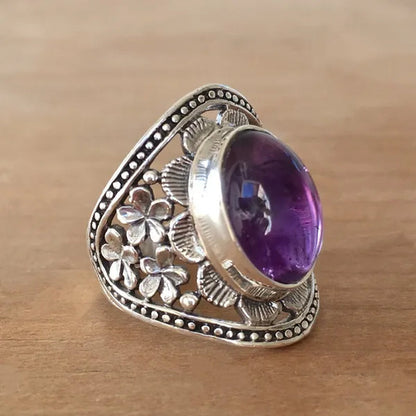 Exquisite Woman Fashion Vintage Wide Edge Engraved Flower Ring  Amethyst  Ring Engagement Party Bride Wedding High Jewelry Christmas Valentine's Day Gift Ring Size US4-12