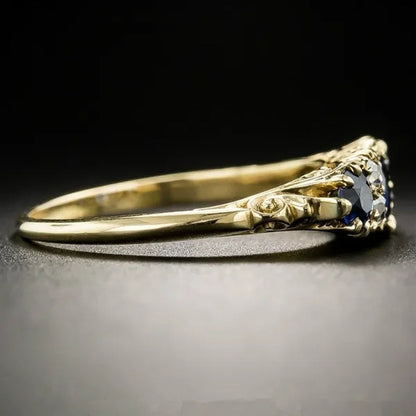 Fashion Women Art Deco Design Jewelry 18K Yellow Gold Ring Victorian Blue Sapphire and Diamond Carved Floral Ring Round Gemstone Wedding Rings Size 6 7 8 9 10