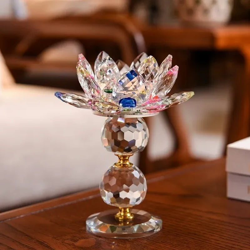 Crystal Glass Lotus  Candle Tea Light Holder Buddhist Candlestick Home Decoration