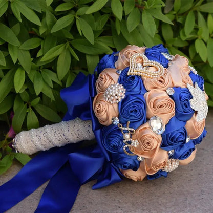 21CM Satin Ribbon Roses Wedding Bouquet Pearl Crystal Brooch Bride Holding Flowers Artificial Rose Wedding Flower Bridesmaid Bouquet. Multi-color Optional