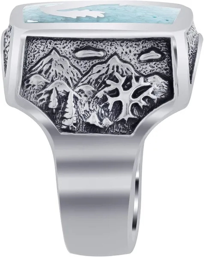 Mens Southwestern Style Turquoise Gemstone Inlay Howling Wolf Sterling Silver Ring