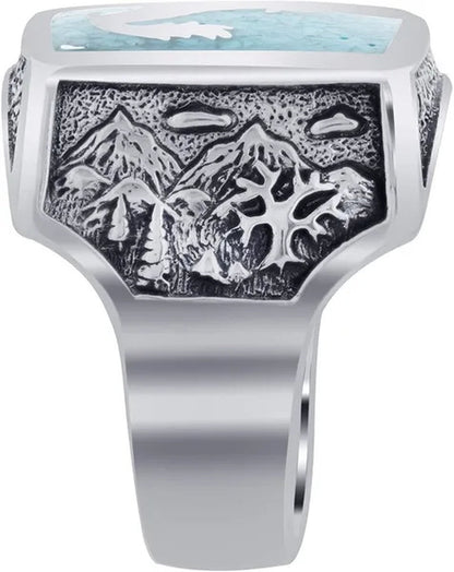 Mens Southwestern Style Turquoise Gemstone Inlay Howling Wolf Sterling Silver Ring