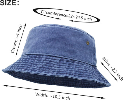 Bucket Hat, Wide Brim Washed Denim Cotton Outdoor Sun Hat Flat Top Cap for Fishing Hiking Beach Sports