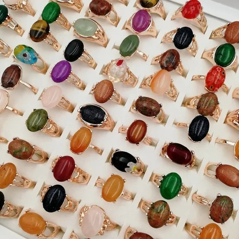 Mixed Wholesale 20Pcs/Gold-plated Natural Gem Ring Printing Rose-gold Women's Jewelry