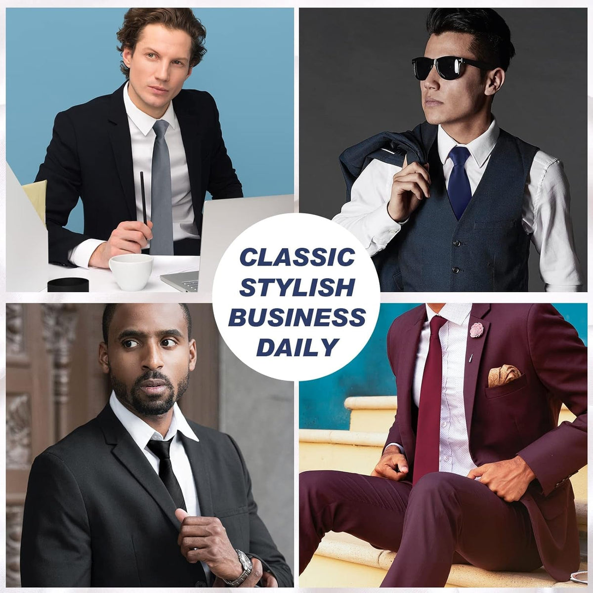 4 Pcs 24 Inch Men'S Clip-On Ties Solid Color Men'S Tie Pretied Clip on Ties Necktie Button(Black, Charcoal Grey, Navy Blue, Wine Red)