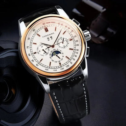Forsining Moon Phase Shanghai Movement Rose Gold Case Brown Bracelet En Cuir Véritable Montres Pour Hommes Top Brand Luxury Auotmatic Watch with Gift Box