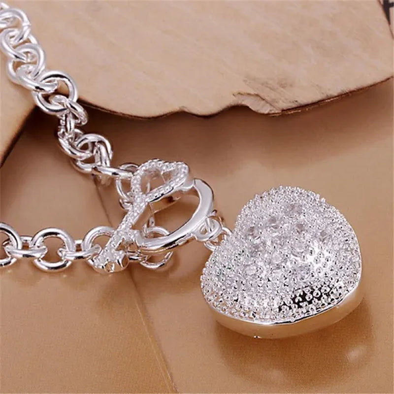 925 Sterling Silver Bracelet Jewelry Shiny Crystal Heart Key Bracelet for Women Christmas Gift