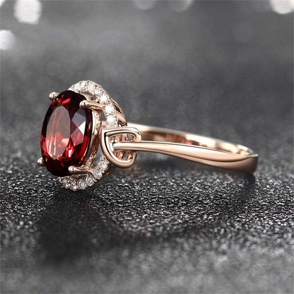 Fashion Jewelry 18K Rose Gold Classic Ring Oval Cut Ruby Birthstone Solitaire Halo Ring AAA Cubic Zirconia Ring CZ Diamond Heart Shape Anniversary Eternity Engagement Wedding Band for Women