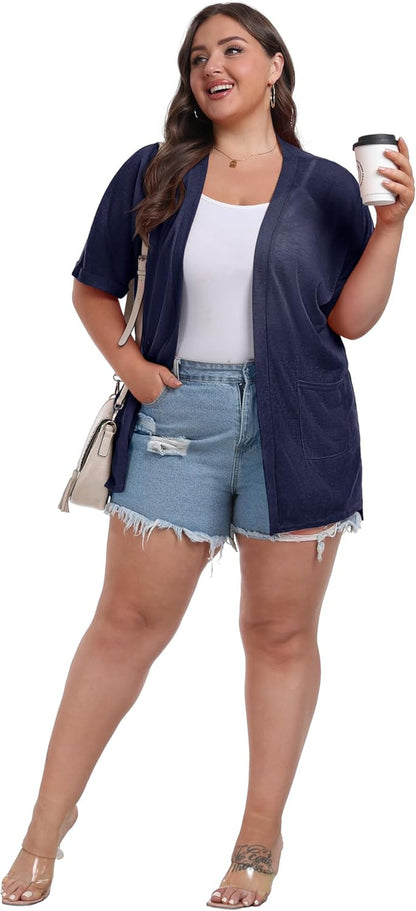 plus Size Lightweight Cardigan for Women Summer Sheer Short Sleeve Cardigan with Pockets Beach Cover Up