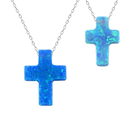 Blue Opal Cross Shaped Pendant Necklace for Women 925 Sterling Silver Chain Opal Jewelry