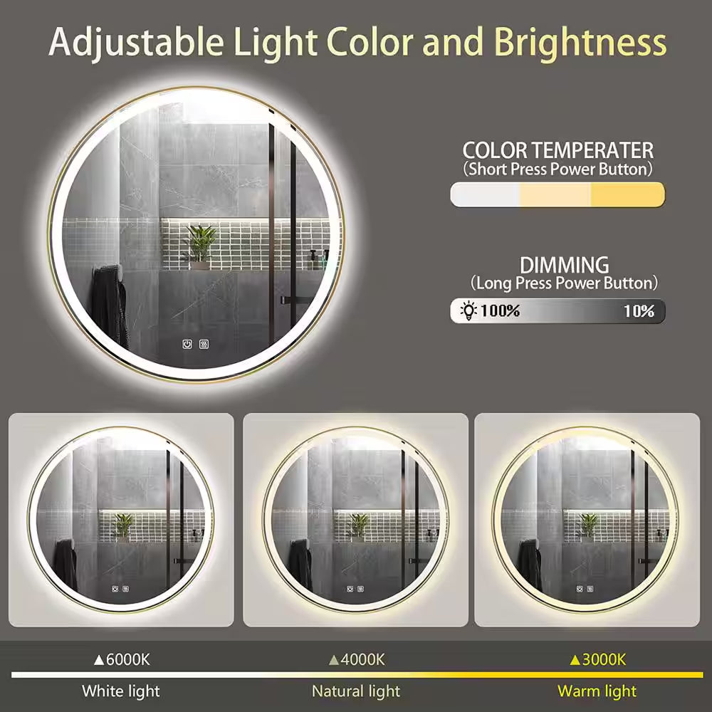 30 In. W X 30 In. H round Aluminum Framed LED Light with 3-Color and Anti-Fog Wall Mount Bathroom Vanity Mirror in Gold