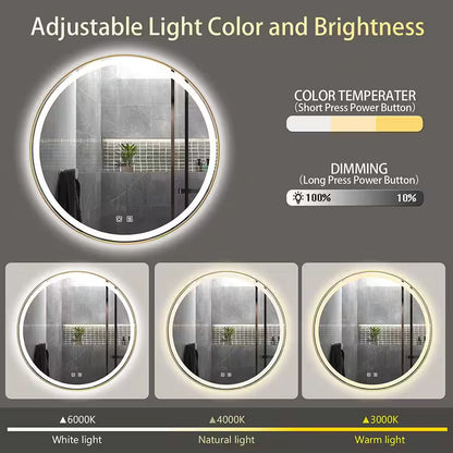 30 In. W X 30 In. H round Aluminum Framed LED Light with 3-Color and Anti-Fog Wall Mount Bathroom Vanity Mirror in Gold