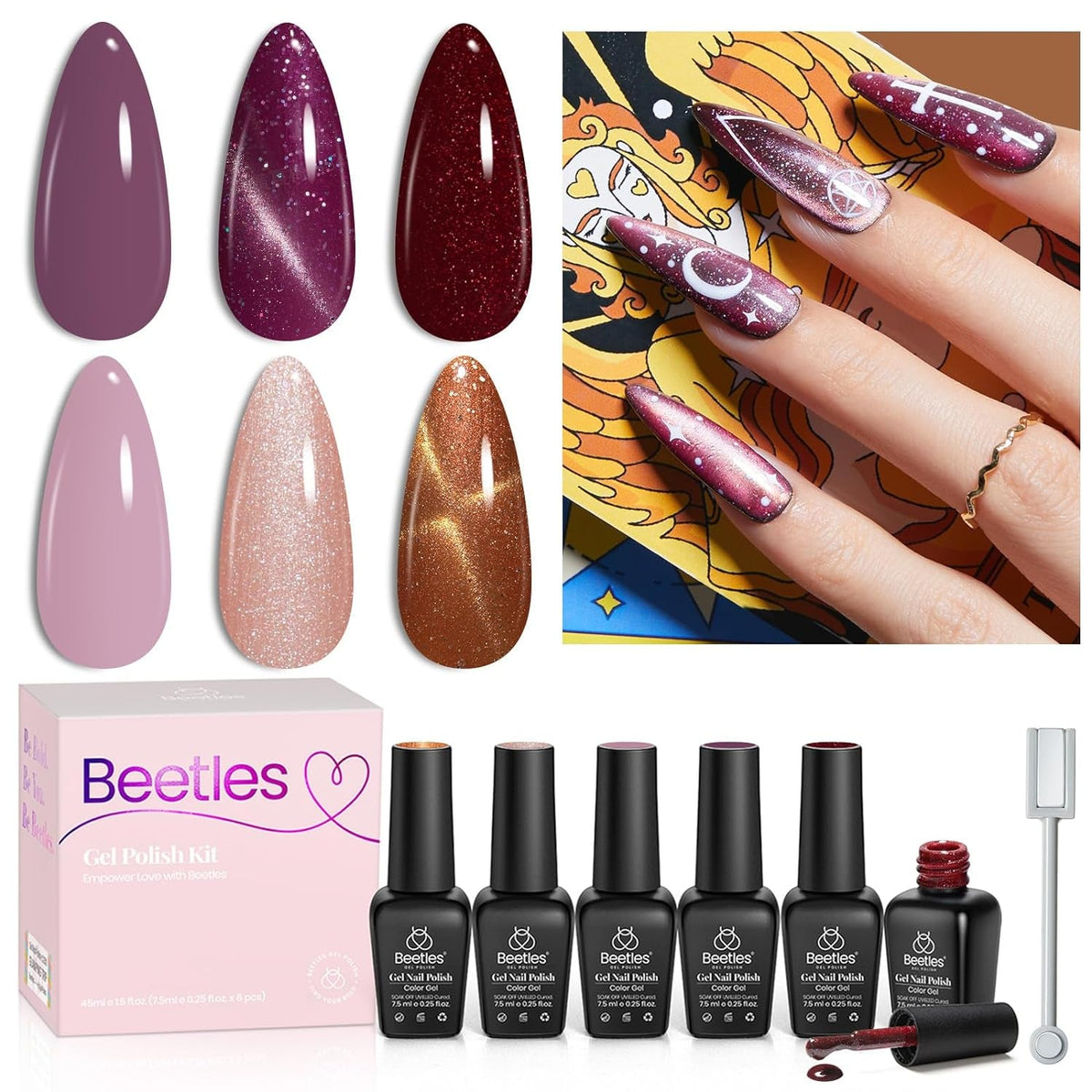 Beetles Pearl Gel Nail Polish 6 Colors Shimmer Glitter White Pink Blue Nail Polish Mermaid Gel Soak Off Uv Led Spring Summer Easter Gel Polish Swirl Thread Effect DIY Manicure Art
